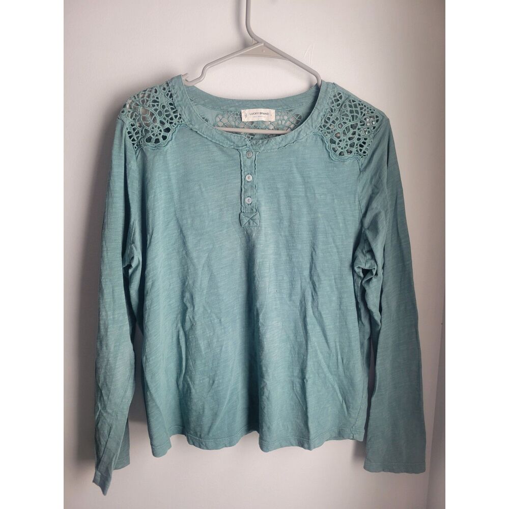 🎈$10 Sale!🎈Lucky Brand Sage Green Cotton Lace Crochet Long Sleeve Top Large L